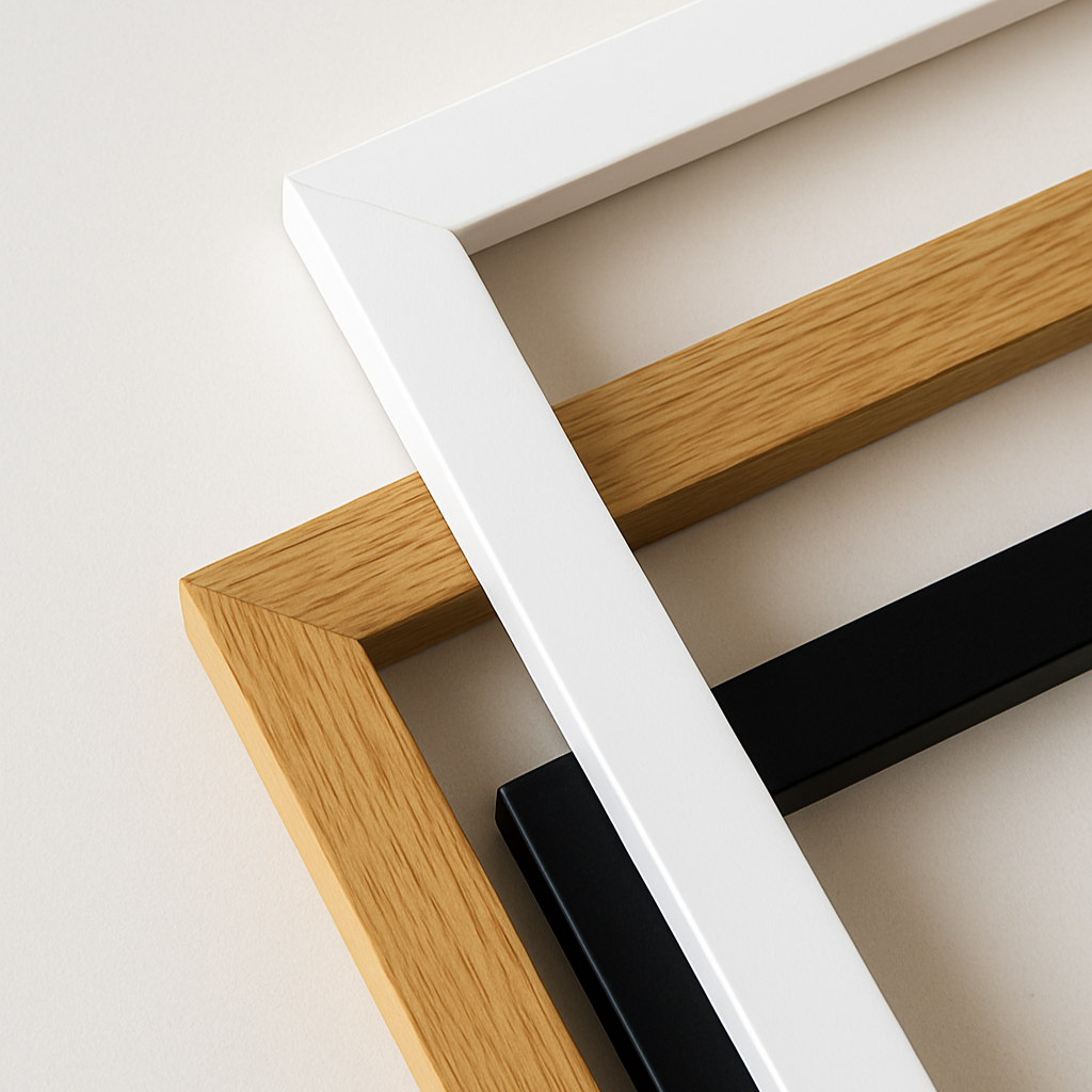 Three picture frames in white, black, and wooden finish on a light background